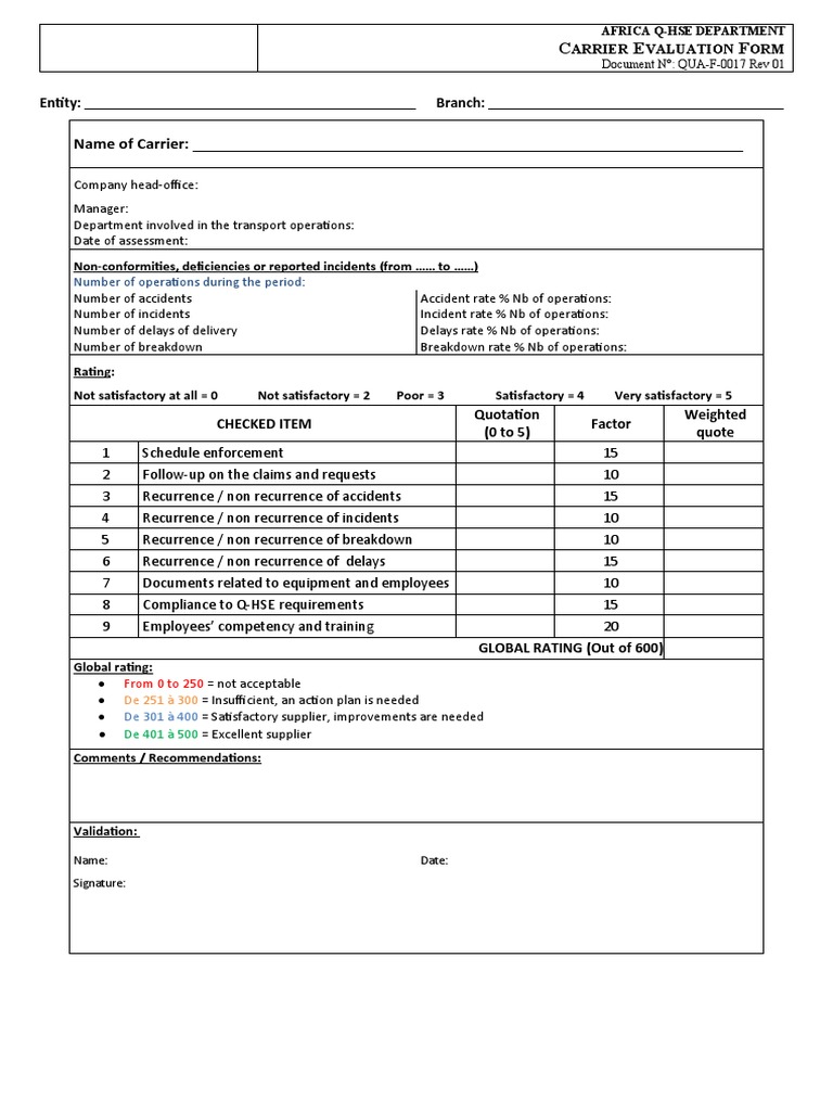 Carrier Evaluation Form PDF Accident (General) Business