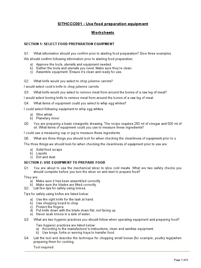 SITHCCC001 Use Food Preparation Equipment Worksheets PDF Knife Dishwasher