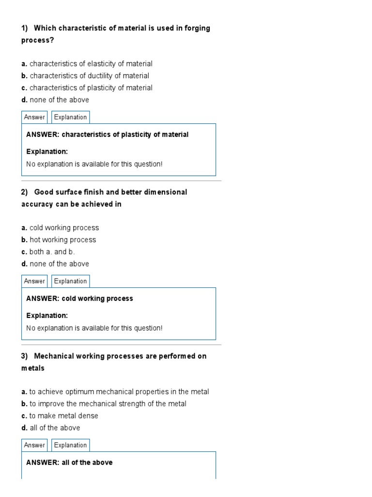 Metal Forming Processes Mechanical Engineering (MCQ) Questions and