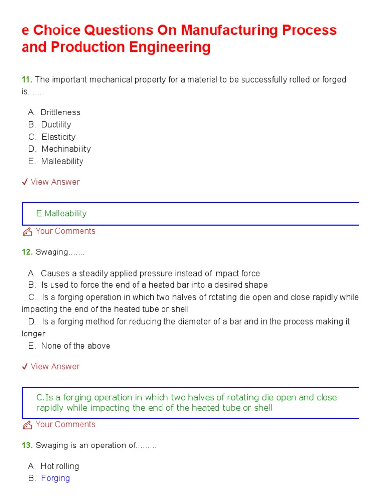 Multiple Choice Questions (MCQ) On Manufacturing Process