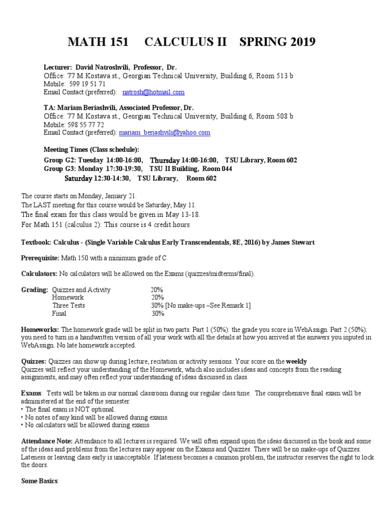 Calculus II Course Syllabus 2019 | PDF | Power Series | Integral