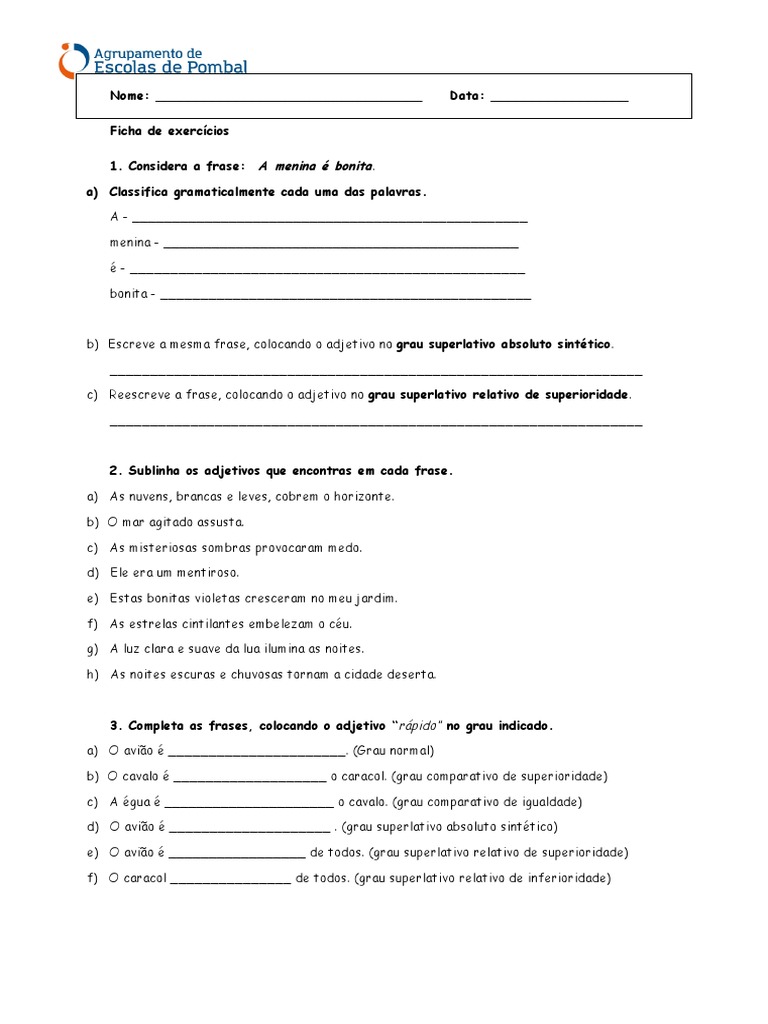 Atividades Sobre Graus Dos Adjetivos PDF Adjetivo Natureza