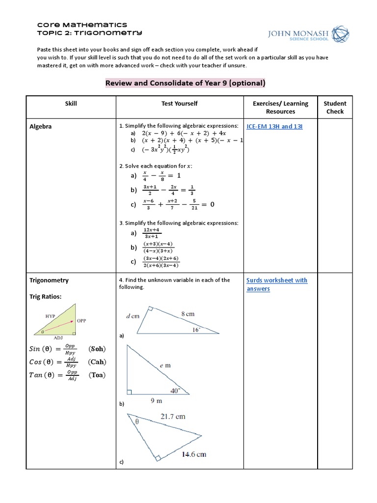 Year 10 Trigonometry Guide | PDF | Sine | Trigonometric Functions