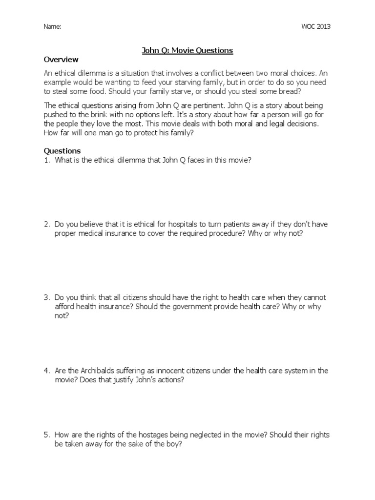 John Q Movie Worksheet PDF