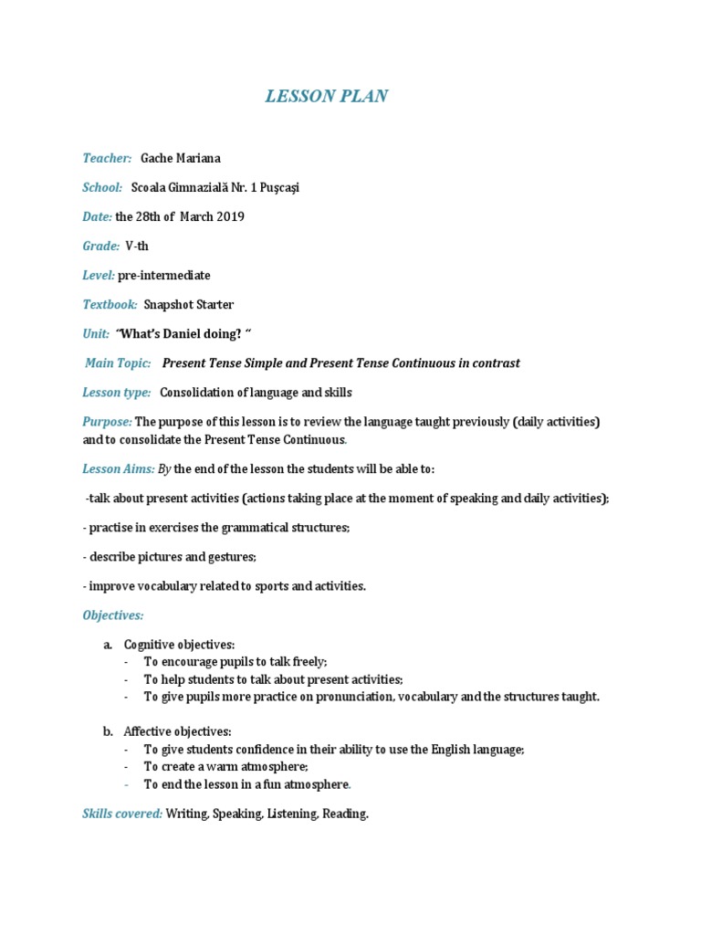 Present Tense Lesson Plan for Grade V | PDF | Teachers | Question