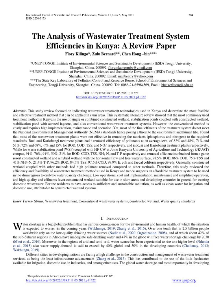 The Analysis of Wastewater Treatment System Efficiencies in Kenya A
