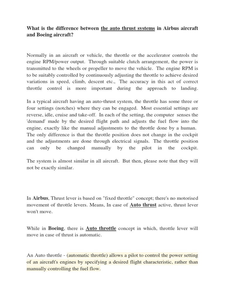 Autothrust Vs Autothrottle PDF Throttle Aircraft
