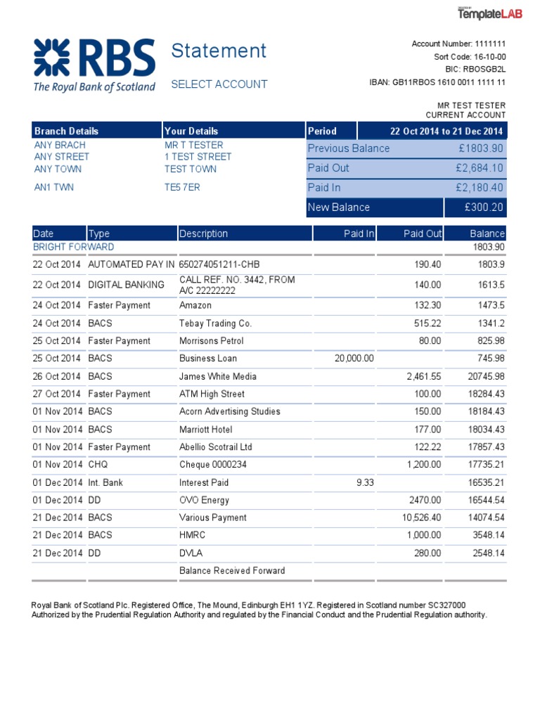 RBS Bank Statement | PDF | Banking | Financial Services
