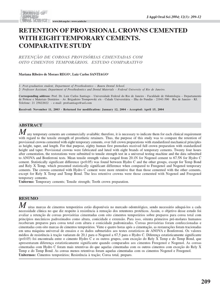 Retention of Provisional Crowns Cemented With Eight Temporary Cements