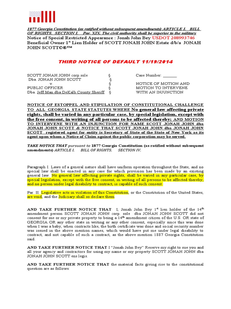 Notice of Estoppel and Constitutional Challenge to Statutes