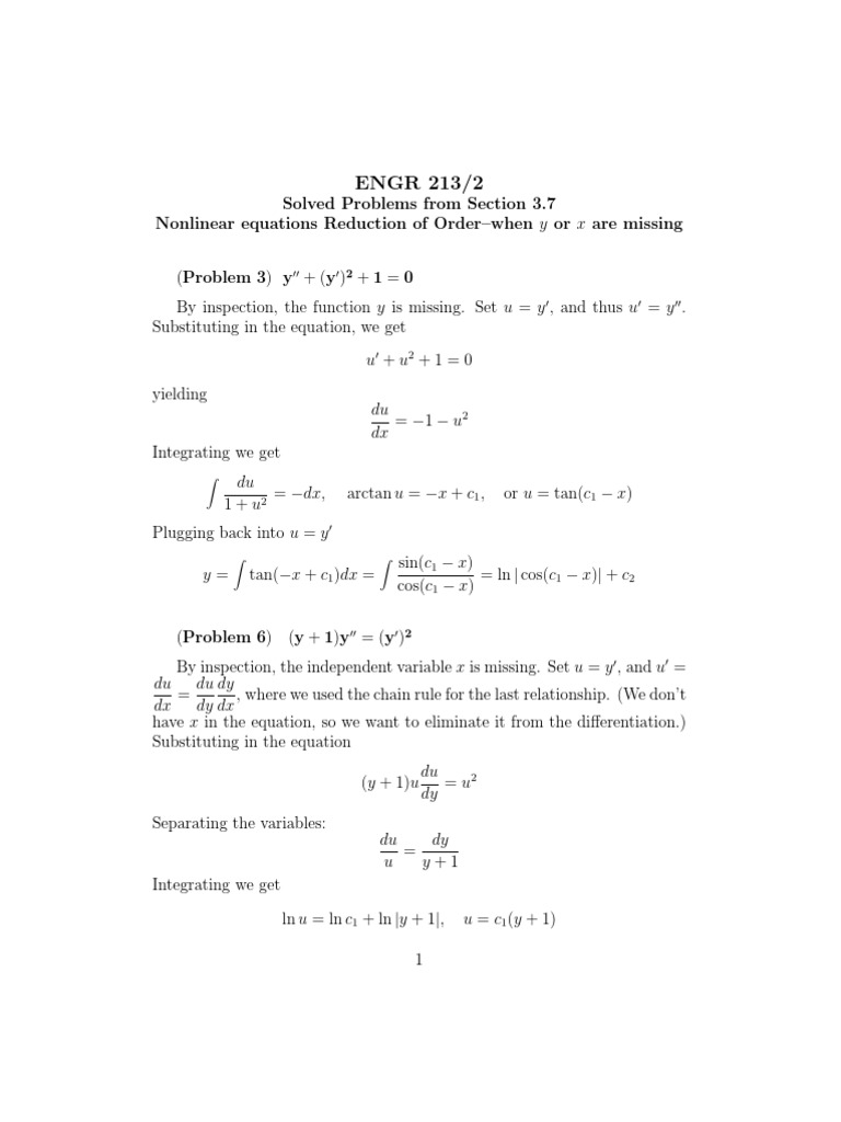 Nonlinear Reduction of Order Examples | PDF | Equations | Differential ...