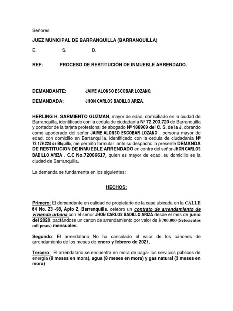 Demanda de Restitución de Inmueble Arrendado | PDF | Alquiler