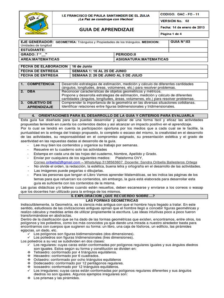 Guia de Aprendizaje Matemáticas Grado 7° | PDF | Triángulo | Espacio