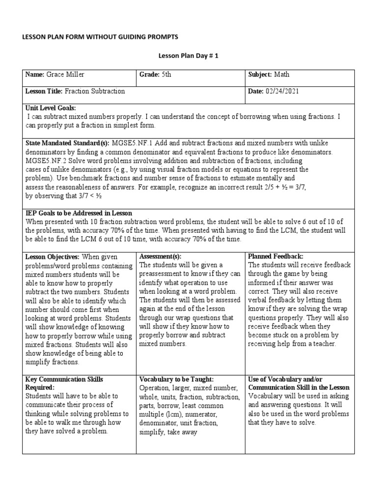 5th Grade Fraction Subtraction Lesson Plan | PDF | Differentiated ...