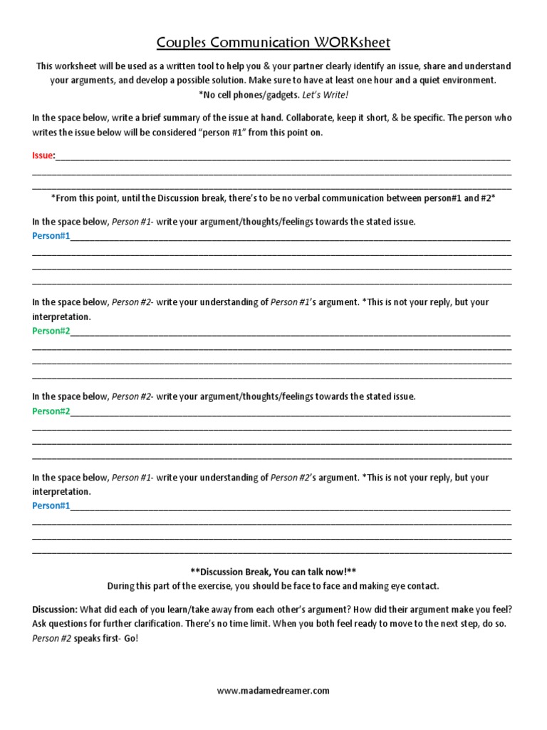 Couples Communication WORKsheet PDF Communication Psychological
