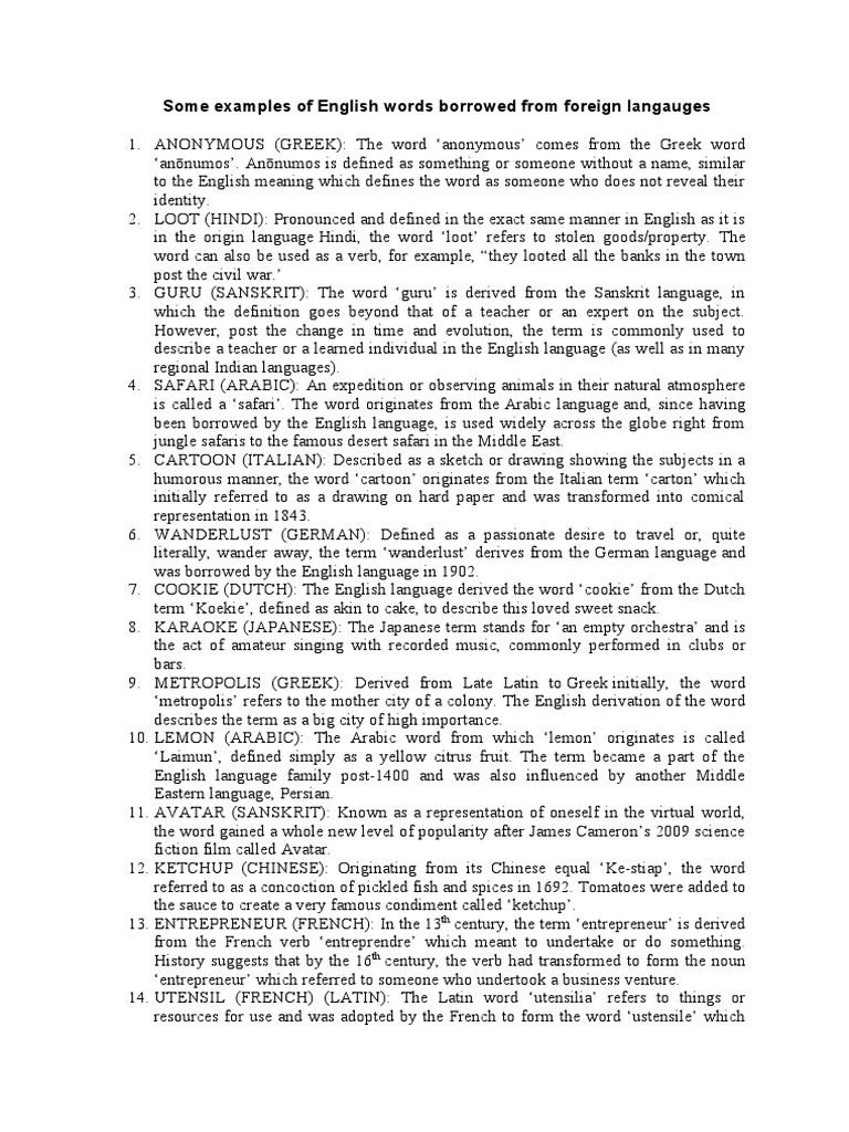 Some Examples of English Words Borrowed From Foreign Langauges PDF
