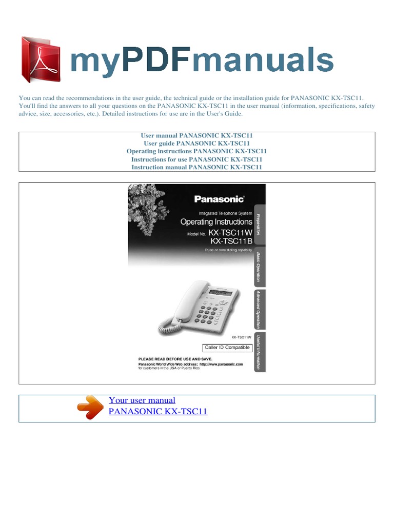 Your User Manual Panasonic Kx-Tsc11 | PDF | Telephone | Digital.