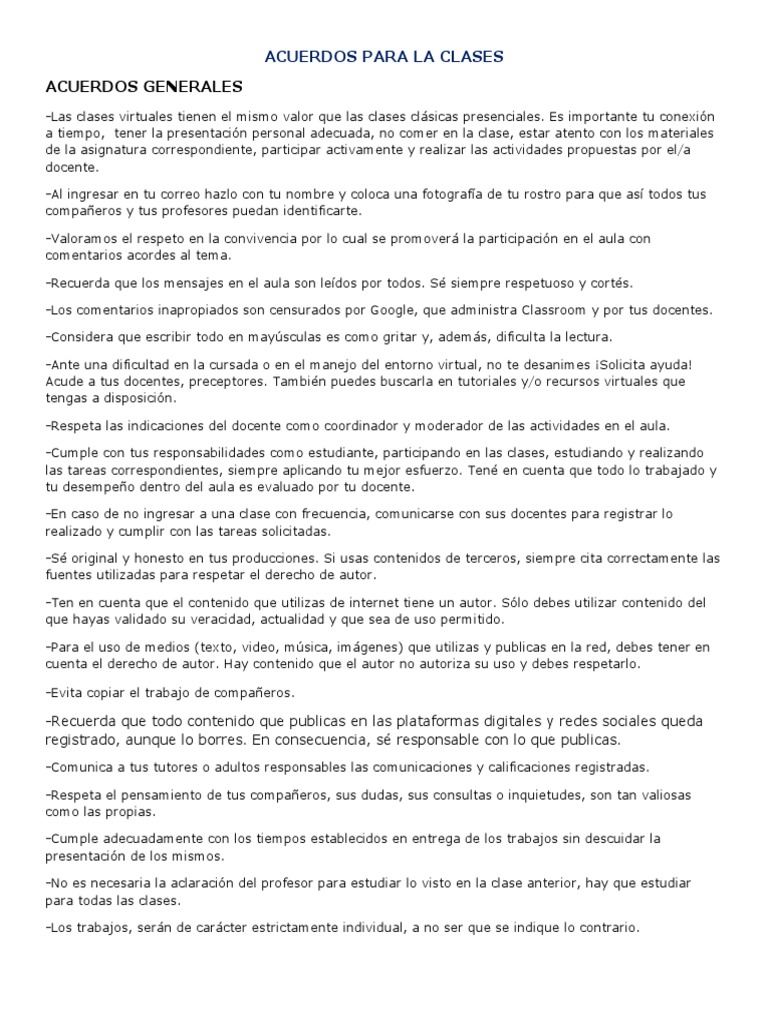 Acuerdos Para La Clases Pdf Salón De Clases Internet