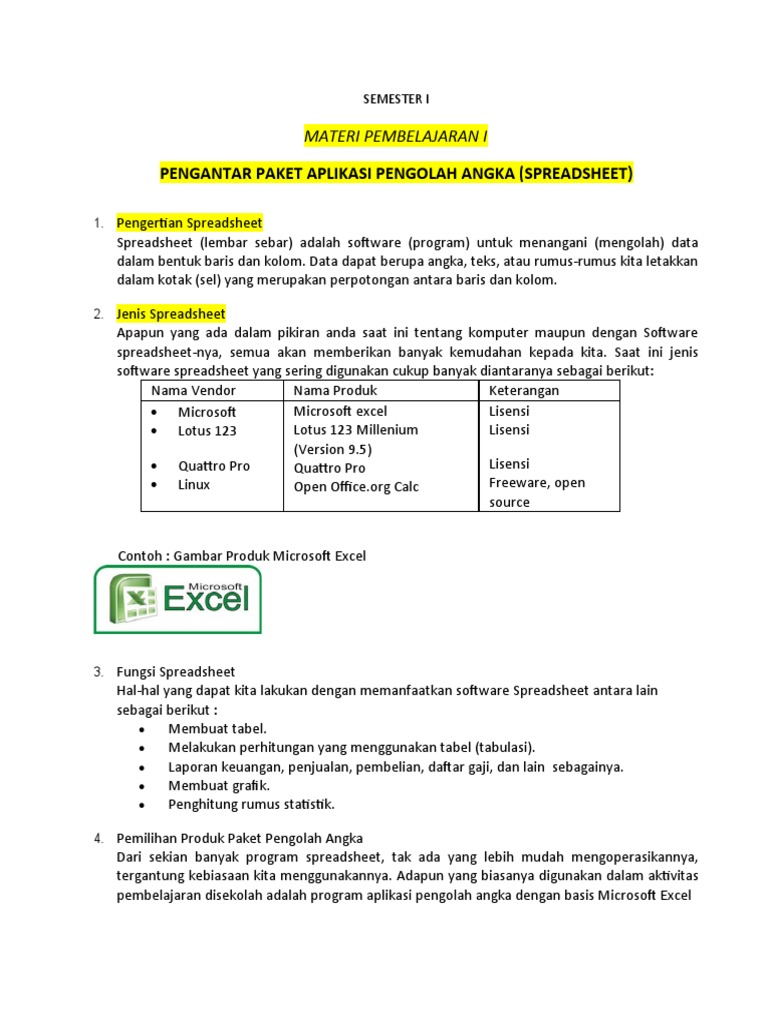 Materi Semester Excel - Spreadsheed | Pdf