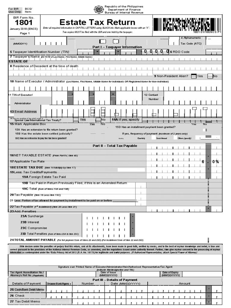 Estate Tax Return Part I Taxpayer Information PDF Tax Deduction Estate Tax In The