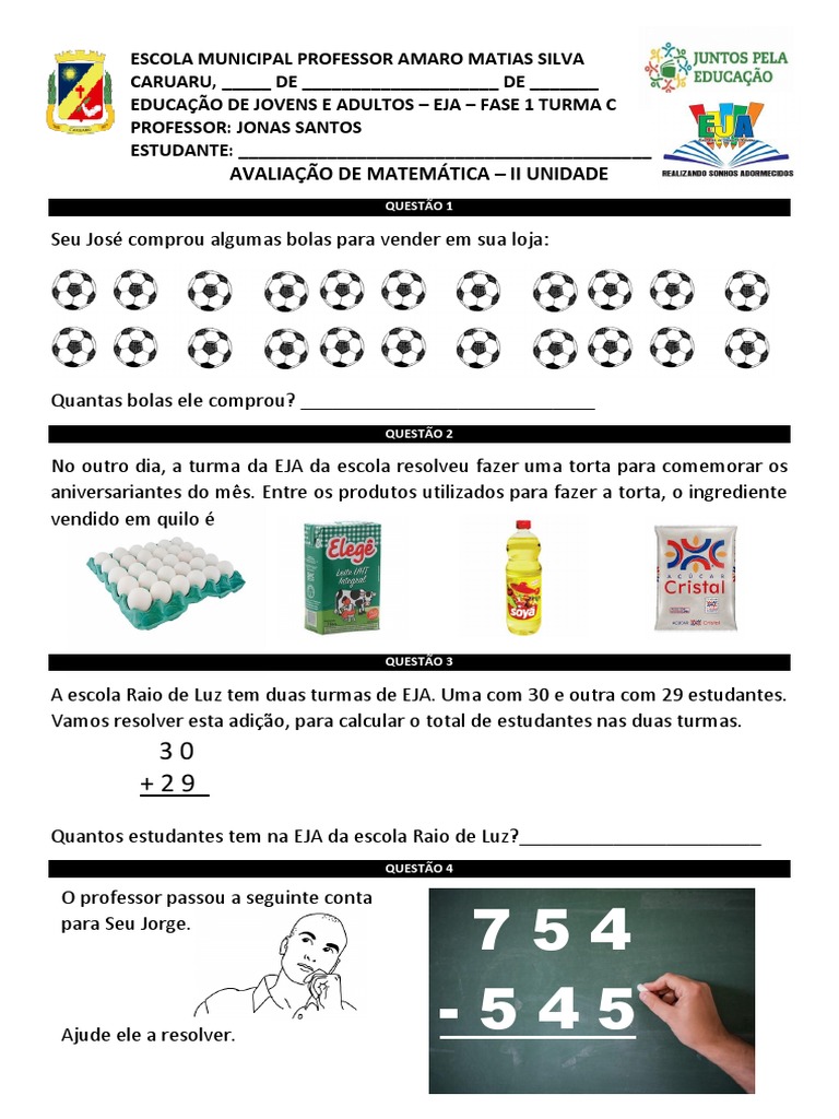 Avaliação de Matemática EJA - Fase 1 | PDF