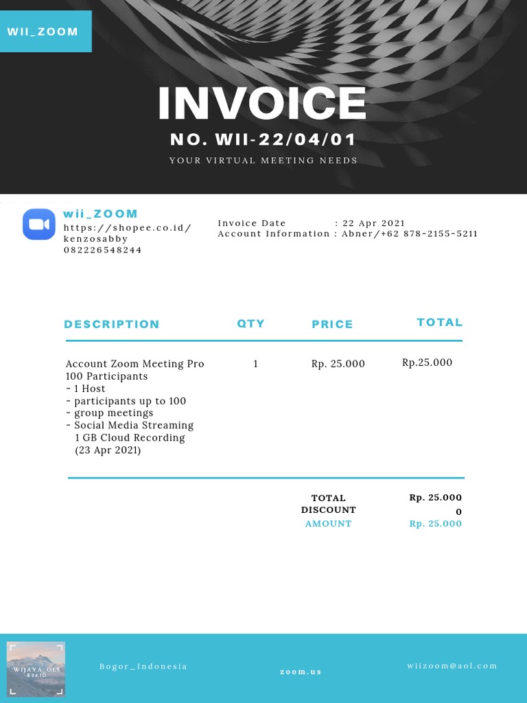 Invoice for Zoom Meeting Pro Account with 100 Participants Capacity for