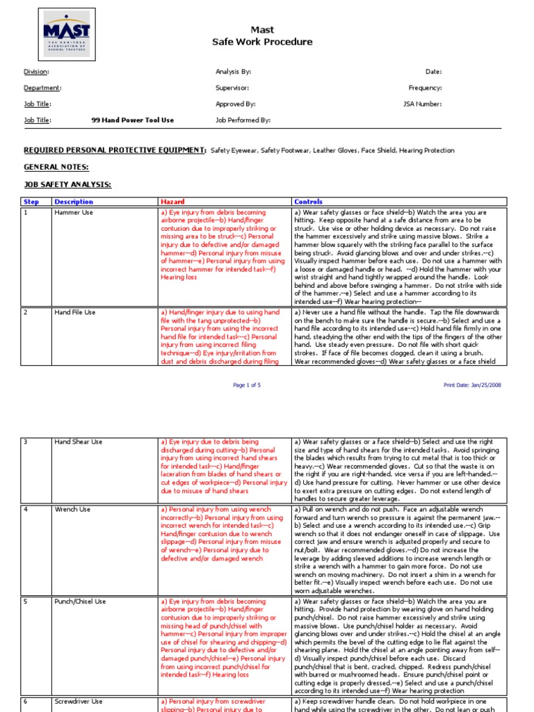 Hand Power Tool Safety Procedures | PDF | Knife | Hammer
