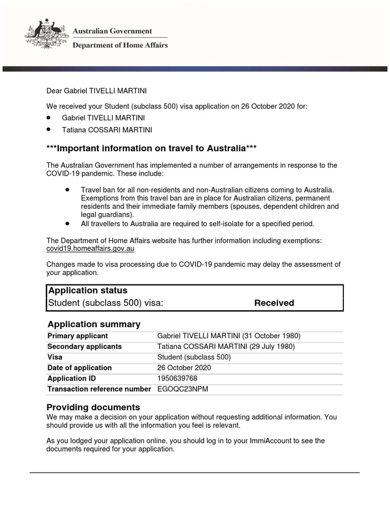 Immi acknowledgement of application received pdf travel visa