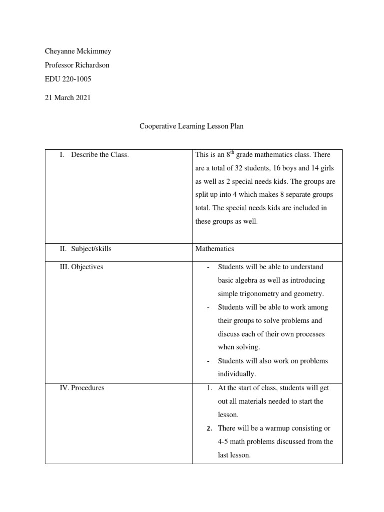 8th Grade Cooperative Math Lesson Plan | PDF | Teaching Mathematics ...