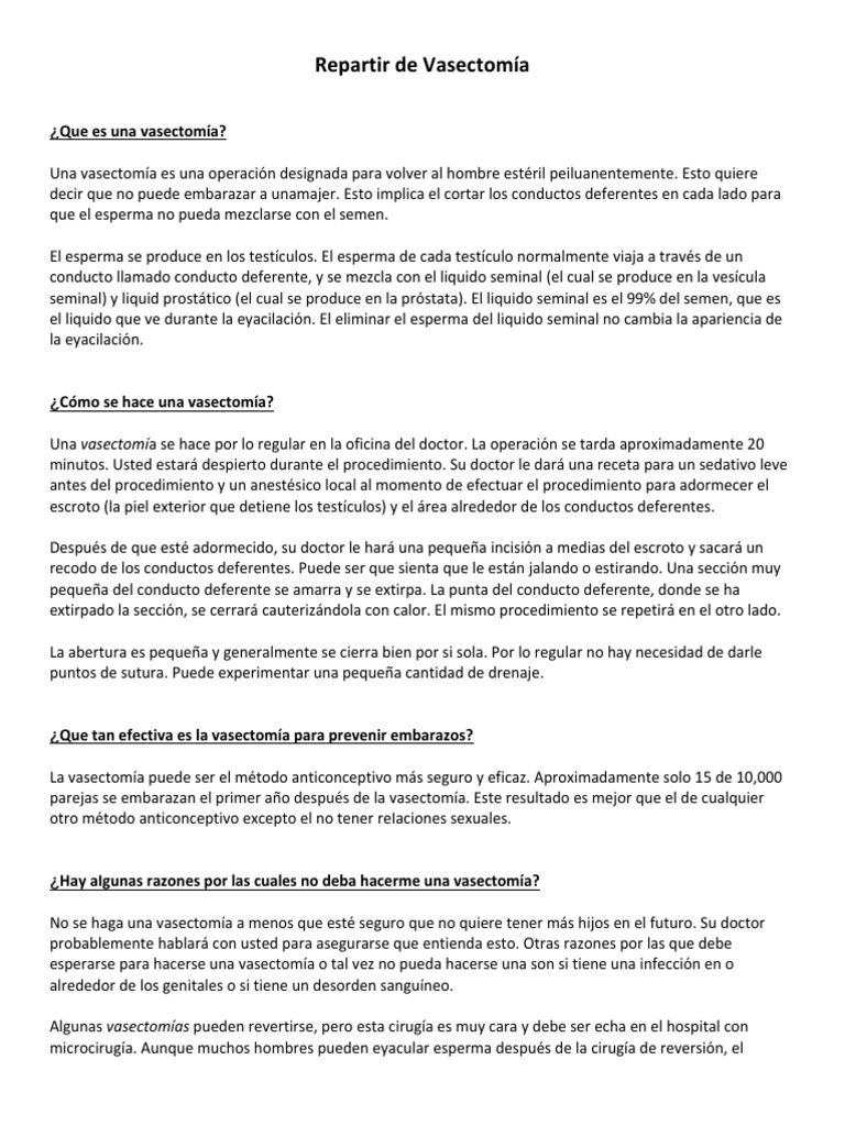Vasectomy Handout Spanish PDF Semen Control de la natalidad