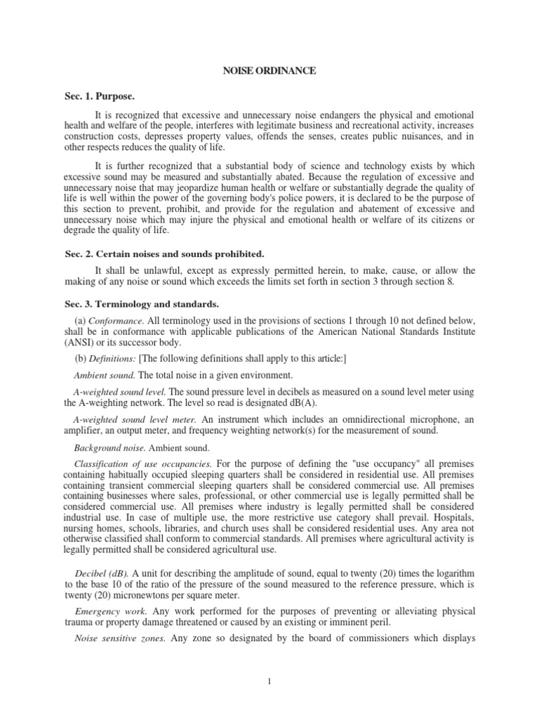 Noise Ordinance Sec. 1. Purpose. Sec. 2. Certain Noises and Sounds