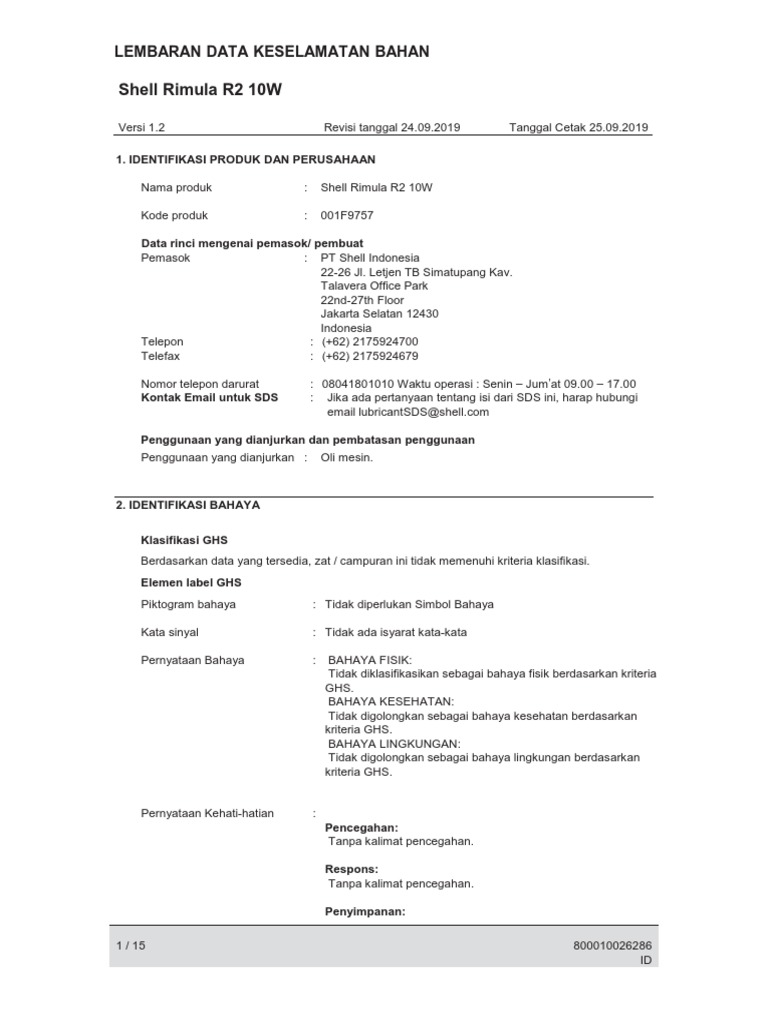 Shell Rimula R2 10W MSDS Indo | PDF