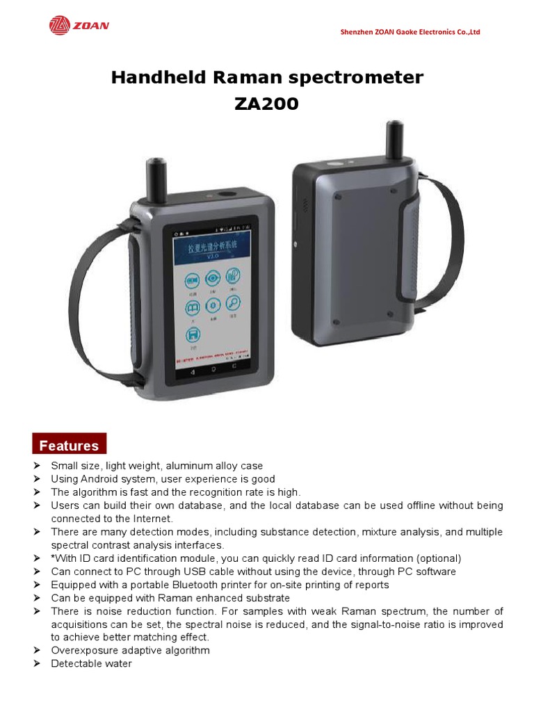 ZA200 Handheld Raman Spectrometer Specifications PDF Raman