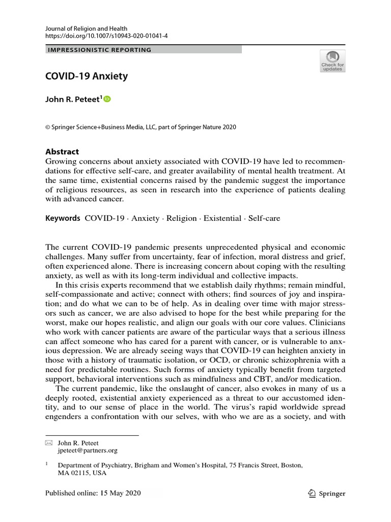 COVID 19 Anxiety, Peteet, J. R | PDF | Anxiety | Cognitive Behavioral ...