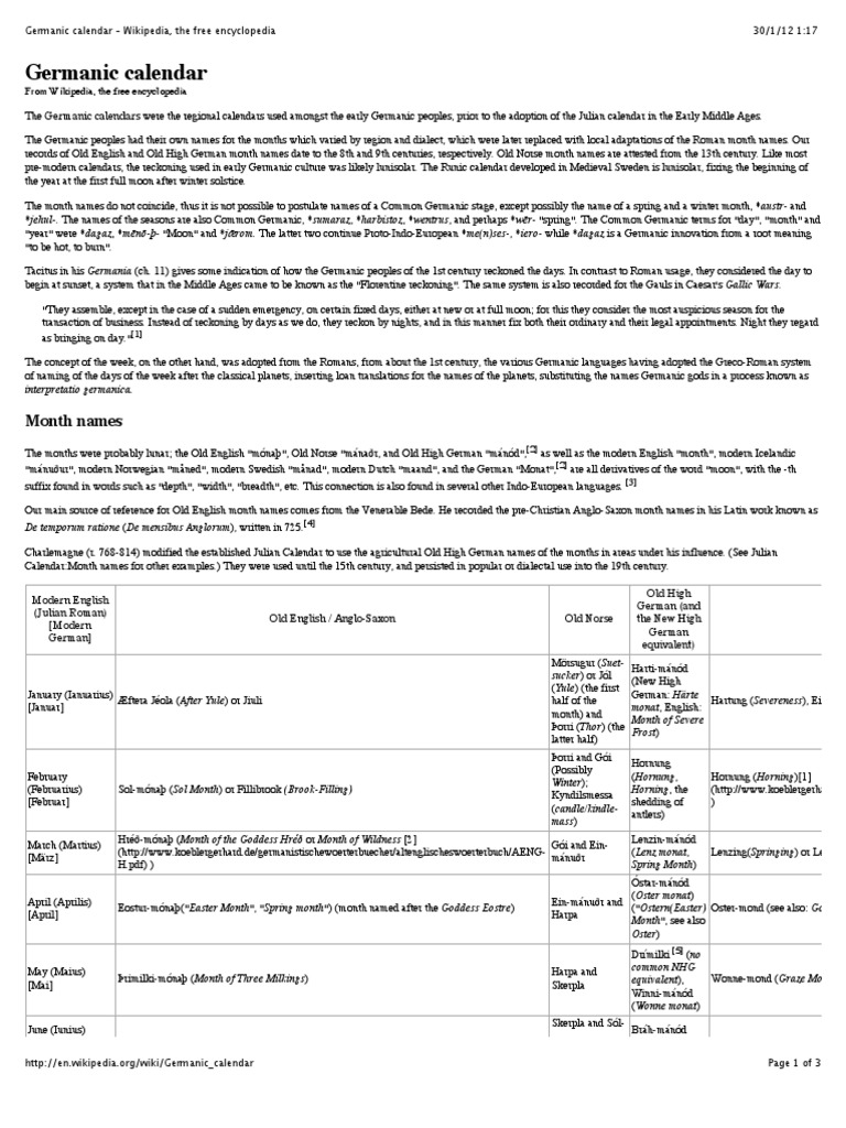 Germanic Calendar: Month Names | Download Free PDF | Europe Travel