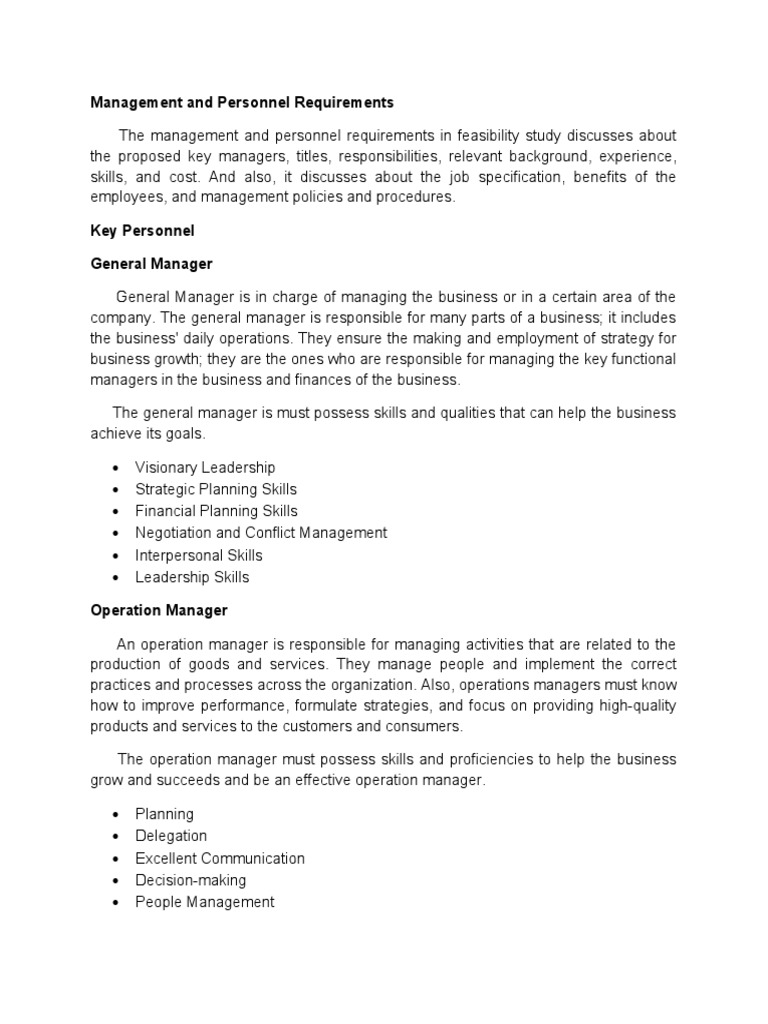 Management and Personnel Requirements PDF Employment Marketing