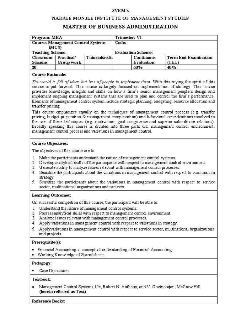 Management Control Systems Overview | PDF | Management Accounting ...