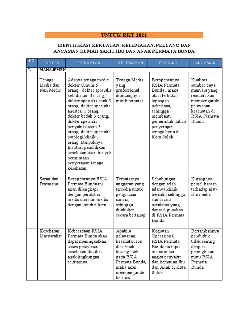 Analisis RKT RSIA Permata Bunda 2021 | PDF