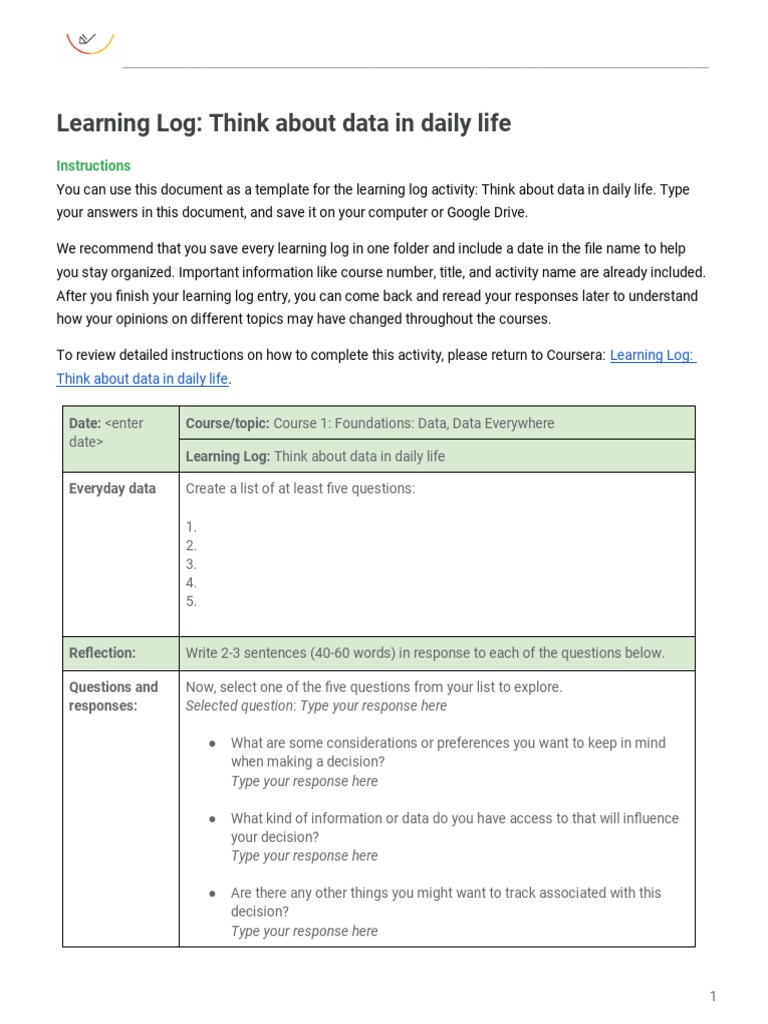 Learning Log: Think About Data in Daily Life: Instructions | PDF