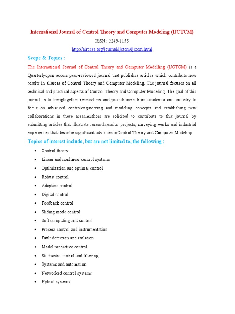 International Journal of Control Theory and Computer Modeling PDF