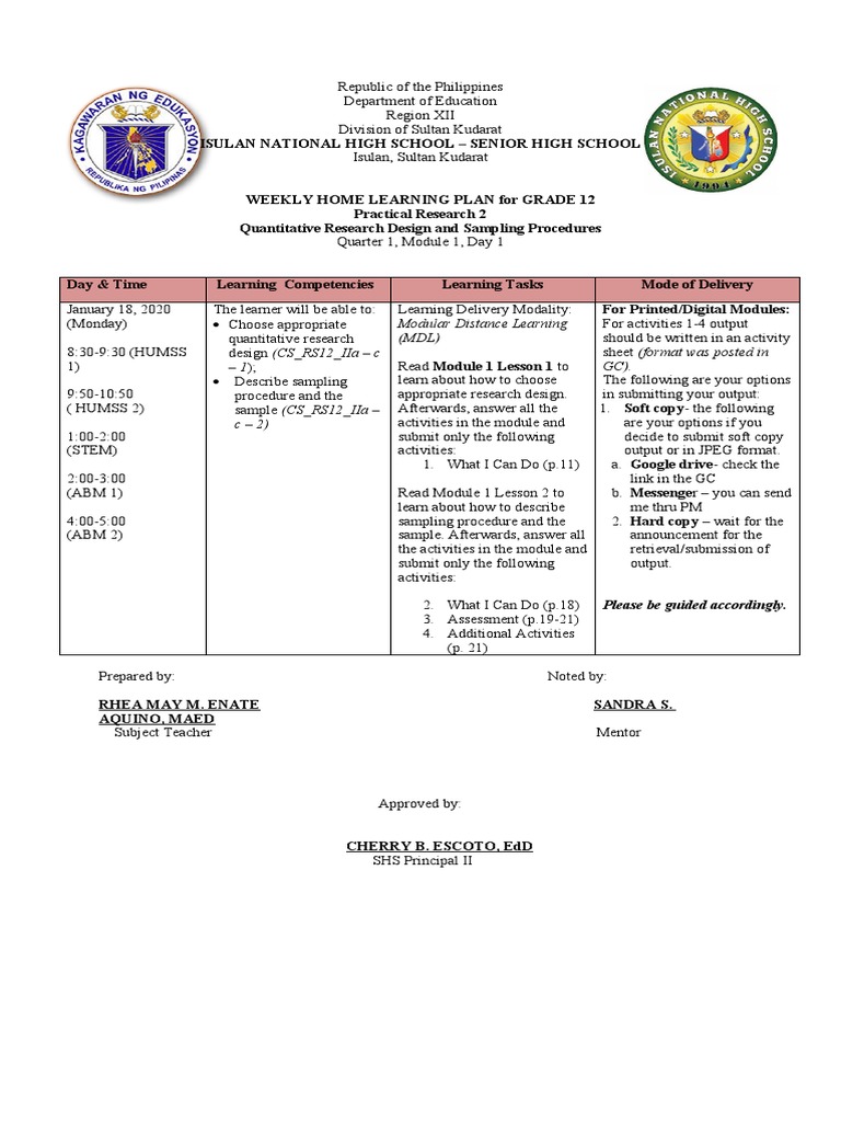 Weekly Home Learning Plan PR2 Day 1 Module 1 | PDF | Educational ...