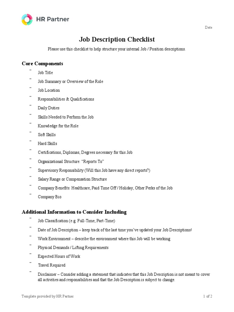 Job Description Checklist: Core Components | PDF
