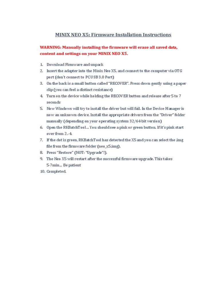 MINIX NEO X5 Firmware Installation Guide | PDF