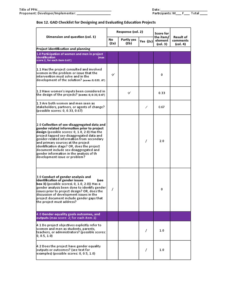 Box 12. GAD Checklist For Designing and Evaluating Education Projects