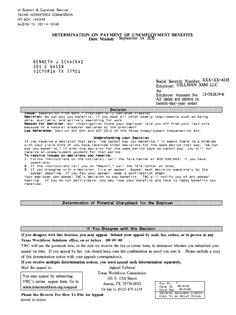 UI Support & Customer Service Texas Workforce Commission PO BOX 149346