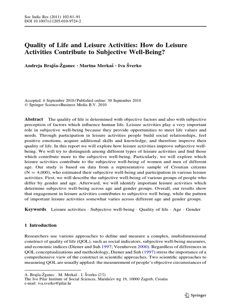 Leisure Activities and Subjective Well-Being | PDF | Quality Of Life ...