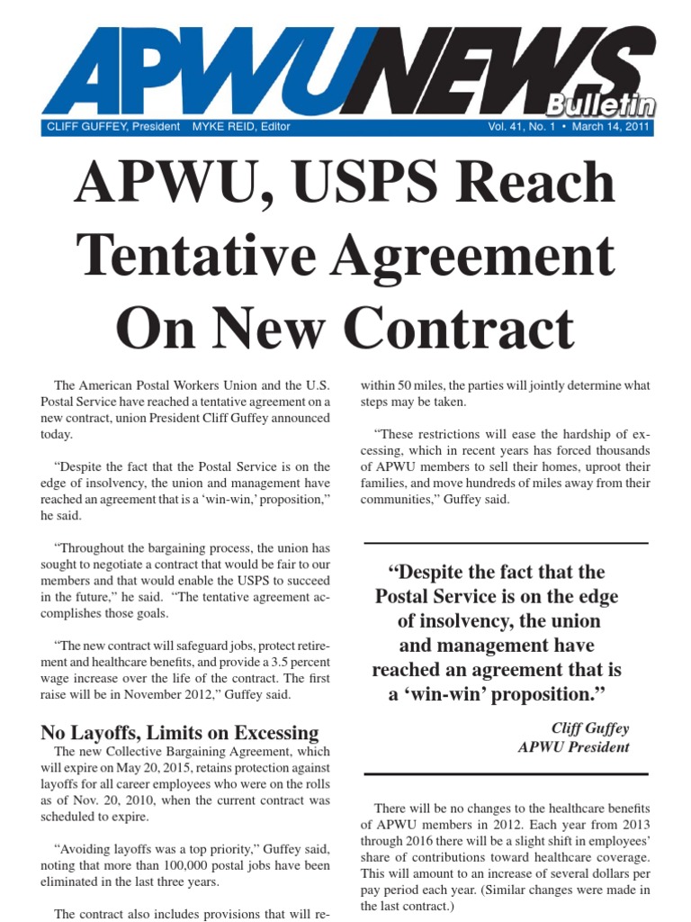 APWU, USPS Tentative Contract Highlights United States Postal Service