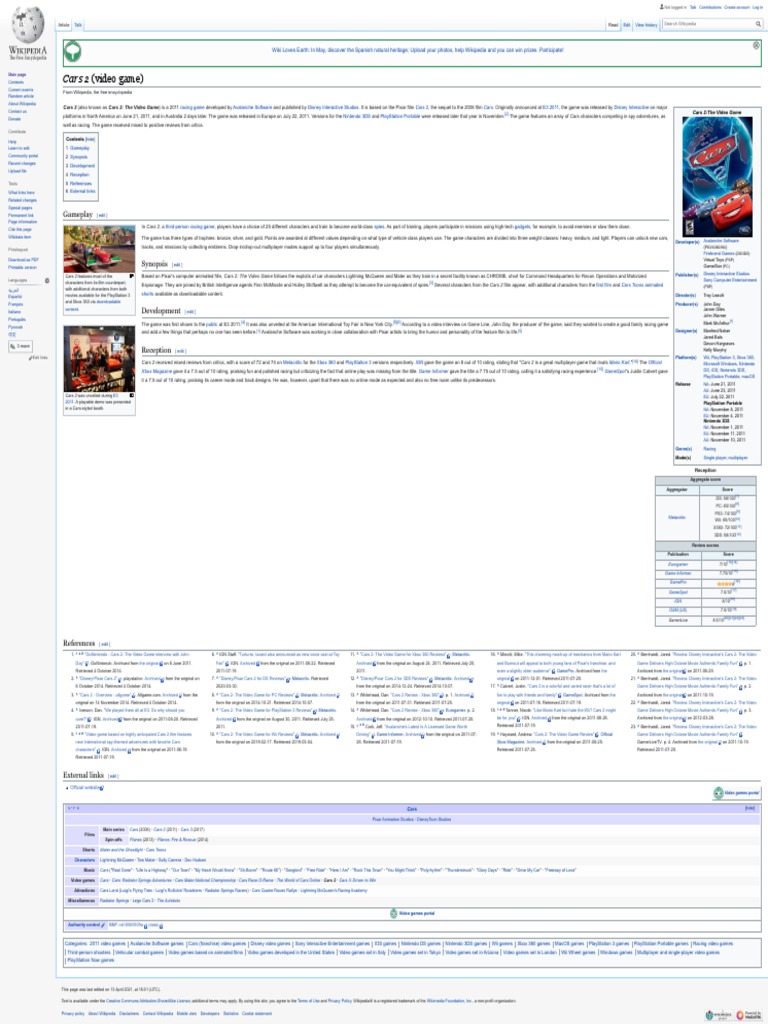 Cars 2 (Video Game) Wikipedia PDF Video Games Leisure