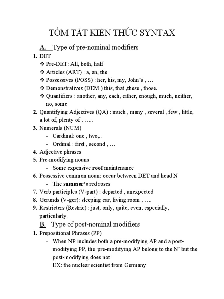 Understanding Syntax An Overview of PreNominal and PostNominal Modifiers, Verb Phrases, and
