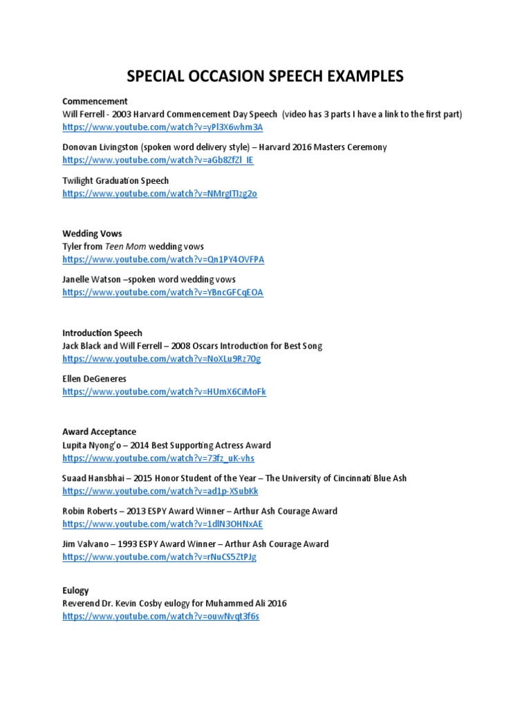 Special Occasion Speech Examples PDF Presidency Of The United